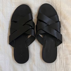 Madewell Boardwalk Woven Leather Black Strappy Slip On slide Sandals